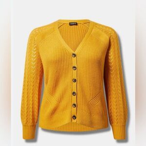 Torrid Golden yellow pointelle sleeve v neck cardigan. Sz 0X